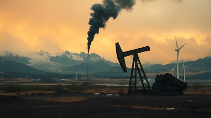 Oil pump in the middle of a foggy landscape with wind turbines