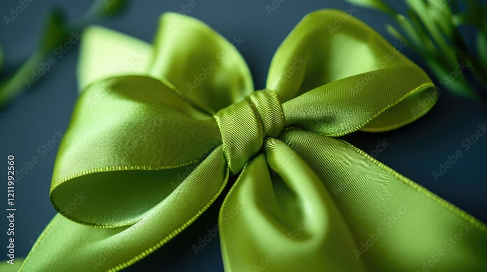 Poster a close-up shot of a green bow placed on a table, suitable for use in events or as decoration
