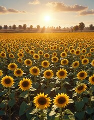 Obraz premium Field of blooming sunflowers under the golden Autumn sun, blooming, nature, sun