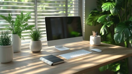 Fototapeta premium Modern Home Office Workspace with Desktop Computer Plants and Natural Light