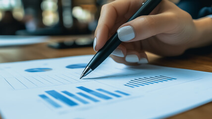 Analyzing Business Data: A close-up shot of a hand meticulously reviewing financial charts and graphs, showcasing the precision and detail in business analysis.