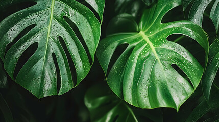 Fototapeta premium Lush, tropical monstera leaves, close-up, rain drops, vibrant green, nature's backdrop