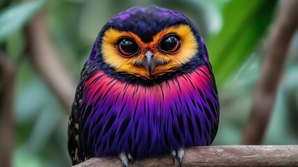 Fototapeta premium Vibrant colorful owl perched on a branch.