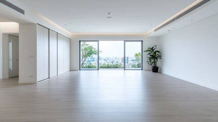 Fototapeta premium Modern apartment, city view, empty room, hardwood floor, real estate