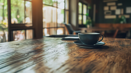 Coffee Break Moment: A warm cup of coffee sits invitingly on a rustic wooden table in a cozy cafe, bathed in the warm glow of the afternoon sun. The image exudes a sense of comfort, relaxation.