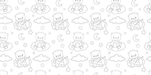 Fototapeta premium Seamless pattern with cute bear on cloud, outline hand drawn allover illustrations on white background for kids