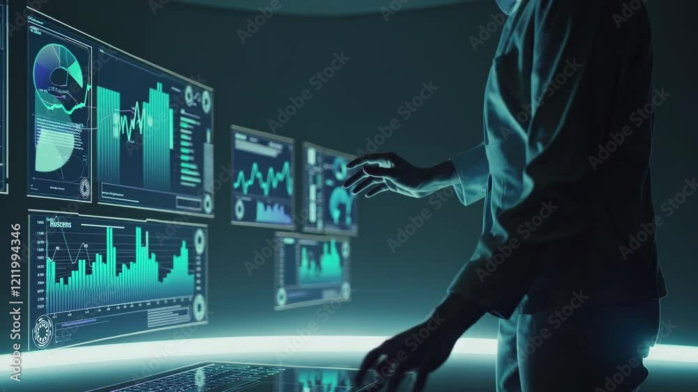 Poster Exploring data analysis techniques in a high-tech workspace with multiple screens displaying analytics