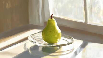 A green pear elegantly placed on a glass plate, catching the light from a nearby window.