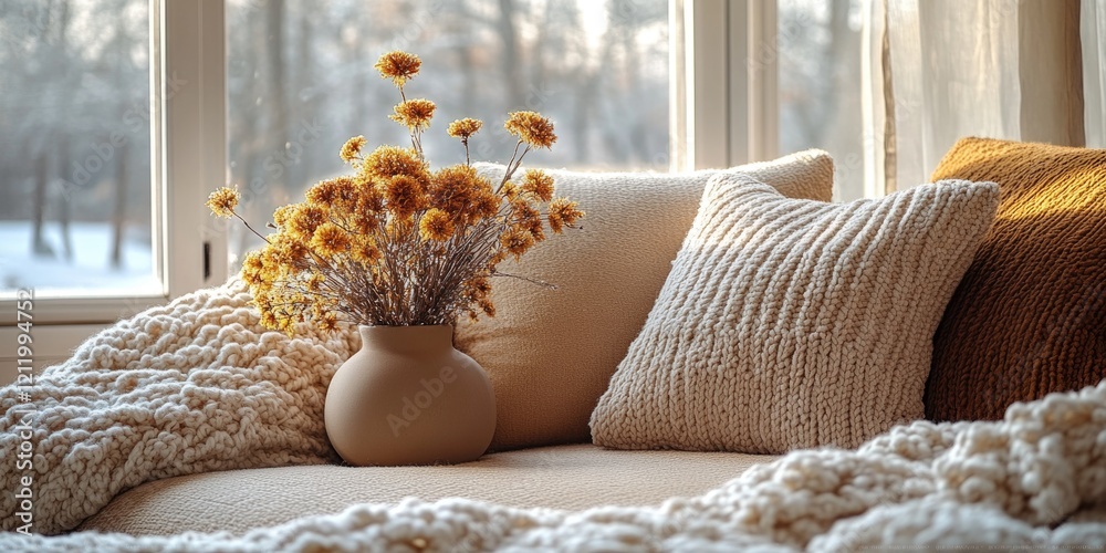 Poster a vase with fresh flowers sits on a couch in front of a window, perfect for home decor or office spa