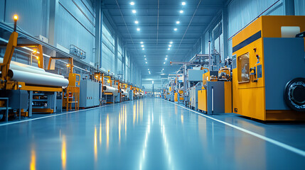 Fototapeta premium A sleek, modern paper factory with clean, industrial design, featuring advanced machinery and efficient production lines, surrounded by a minimalistic, organized environment.