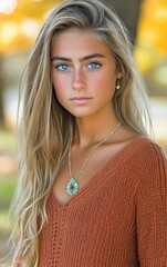 Naklejka premium A young woman stands quietly outdoors, showcasing her long blonde hair and captivating blue eyes. She wears a warm orange sweater and a unique necklace, surrounded by vibrant autumn leaves