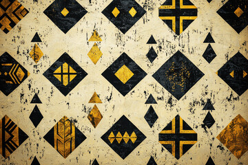 Fototapeta premium Tribal African pattern featuring Adinkra symbols in black and gold on a textured beige background