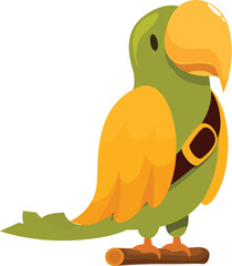 Cartoon illustration of a green parrot wearing a belt and perching on a branch