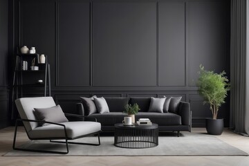 living room interior with design black armchair, furnitures, black coffee table