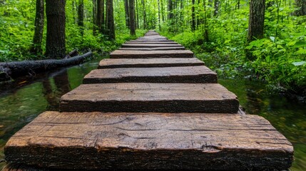 Wooden path through lush forest wetland