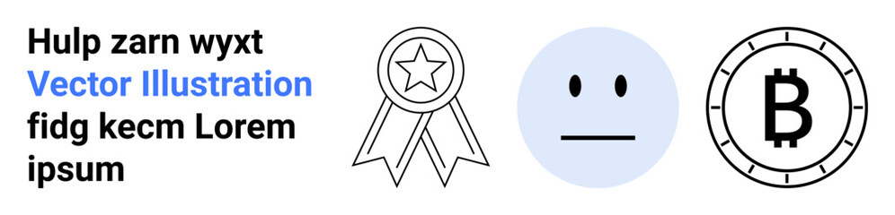 Medal with star, neutral face emotion, Bitcoin coin symbol, placeholder text Hulp zarn wyxt Vector Illustration. Ideal for user interfaces, digital currency, blockchain, recognition, social media