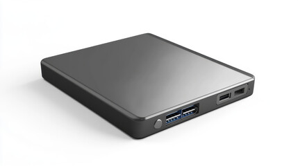 A sleek, modern external hard drive showcasing multiple ports, perfect for data storage and transfer.