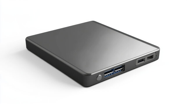 A sleek, modern external hard drive showcasing multiple ports, perfect for data storage and transfer.