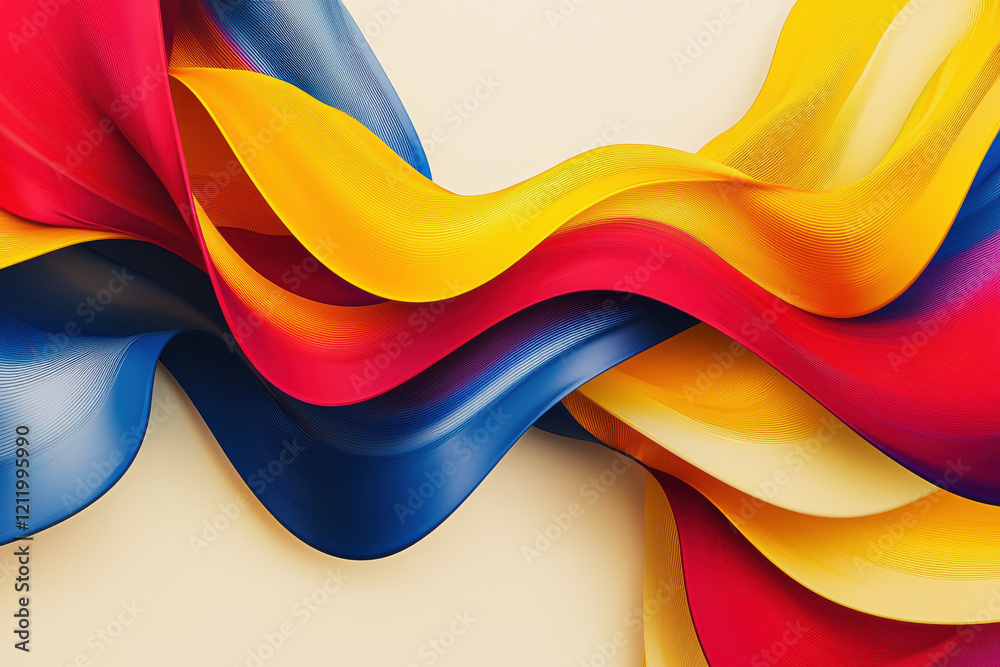 Poster vibrant abstract pattern featuring dynamic flowing ribbons of color on a soft beige background in hi