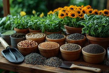 A cozy still life of flower seeds and gardening tools on a wooden surface, evoking the start of spring planting season in a natural outdoor setting.