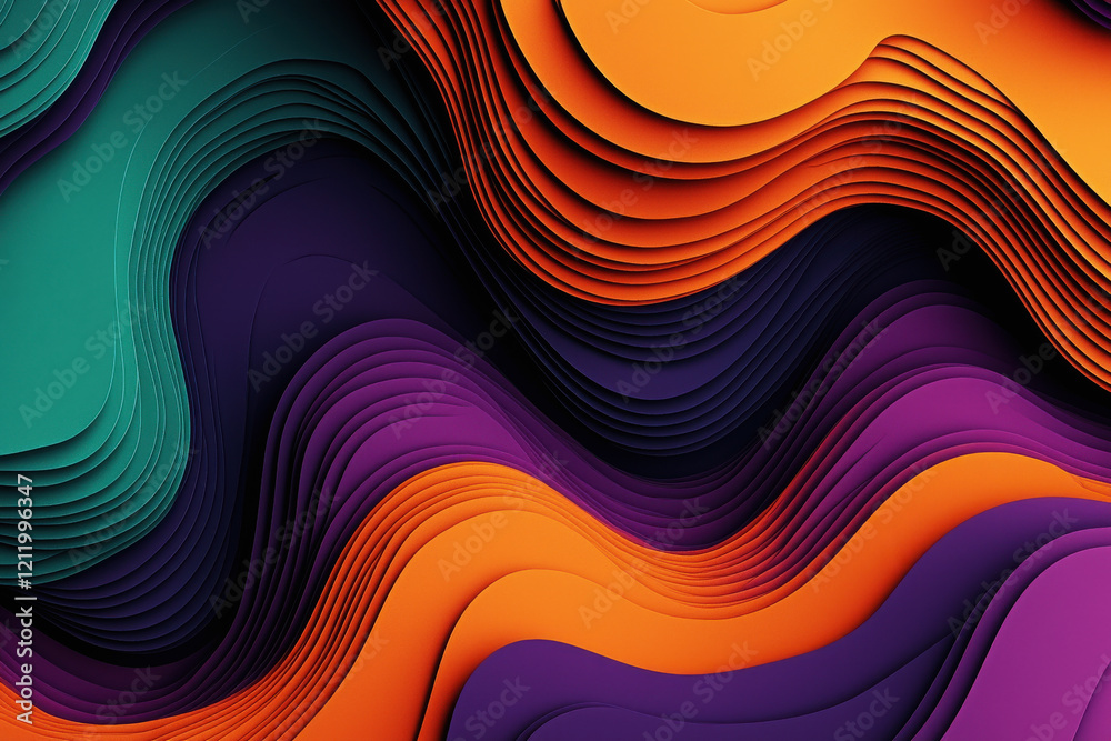 Poster vibrant abstract pattern with layered blobs and wavy lines in orange, purple, and teal showcasing dy