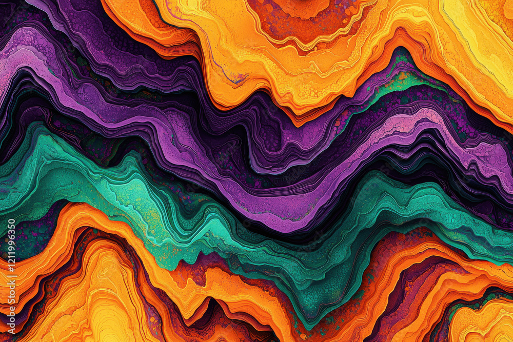 Poster vibrant abstract pattern with layered blobs and wavy lines in gradients of orange, purple, and teal 