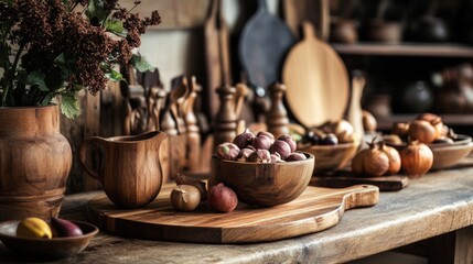 Fototapeta premium Rustic kitchen scene with wooden utensils and fresh ingredients