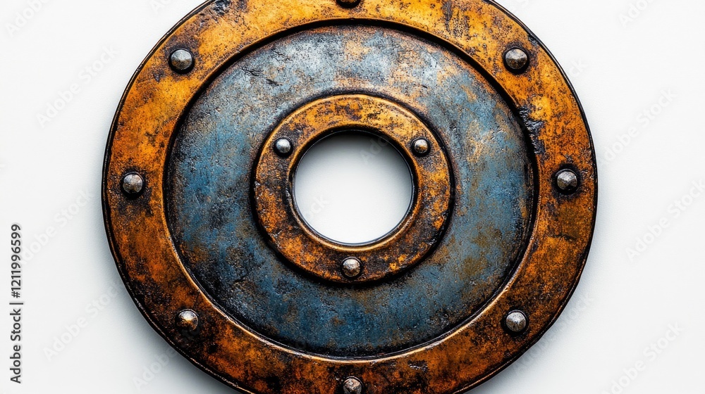 Poster a metal plate with rivets and a hole in the center, suitable for various industrial or technical app