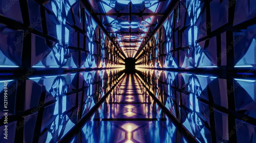 Poster exploring a futuristic hallway with golden lights and reflective surfaces in a surreal environment