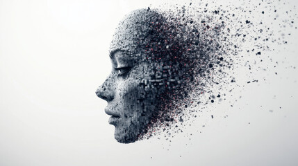 A surreal depiction of a woman's face dissolving into particles, symbolizing transformation and the fragility of identity.