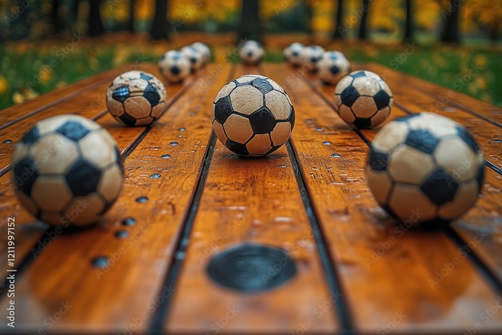 Poster a collection of soccer balls arranged neatly on a wooden table