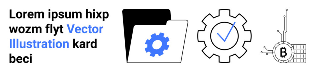 Gear icon in a folder, a checked gear, and a Bitcoin symbol on a circuit board. Ideal for technology, cryptocurrency, blockchain, web, software, data management, business concepts. Landing page