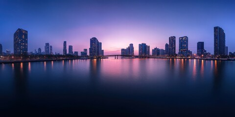 Obraz premium Serene Urban Skyline at Dawn with Calm Waters Reflecting Skyscrapers and a Colorful Horizon in a Modern Cityscape