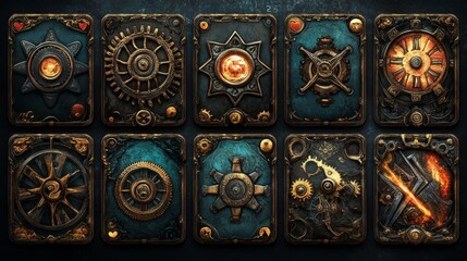 A set of poker cards featuring steampunk-themed designs and gears.