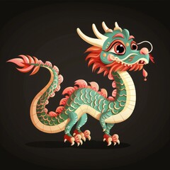 A cute cartoon illustration of a green and red Chinese dragon with big eyes and a long tail on a black background.