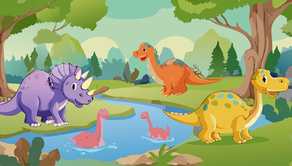 Cute dinosaurs in the jungle. Vector illustration of a cartoon dinosaurs.