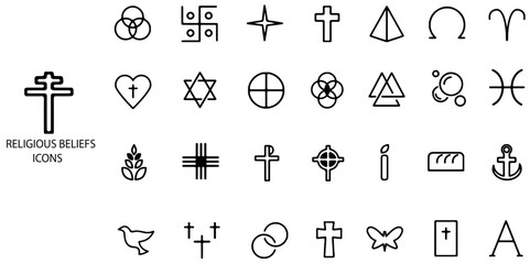 Religion concept 28 icons set. Contains such hindu, muslim, temple, mosque, prayer, prayer .Vector illustration.