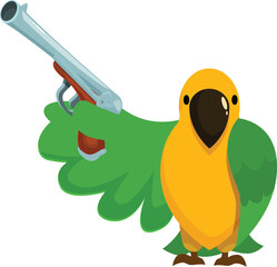 Cartoon illustration of a green and yellow parrot holding a gun with its wing, depicting aggression and danger