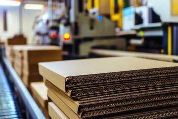 Stack of cardboard boxes being transported on a conveyor belt, ideal for use in packaging or logistics scenes