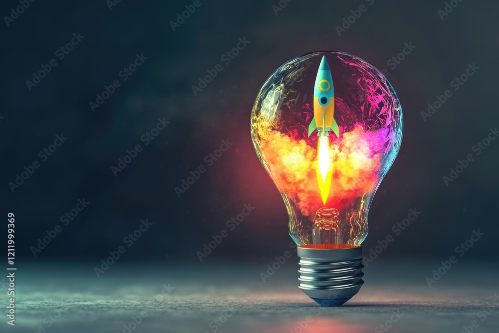 Poster a futuristic light bulb with a miniature rocket integrated into its design, perfect for illustration