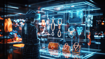 Virtual reality fashion designer showcases innovative digital accessories in an immersive environment