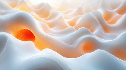 Obraz premium Abstract 3D Render Flowing White and Orange Waves Textured Landscape Digital Art