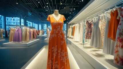 A selection of casual and formal womens dresses, displayed on a showroom floor with bright, inviting lighting.