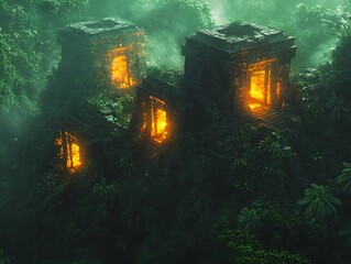 A surreal digital art of glowing ancient ruins buried in dense jungle captured from a high vantage point