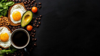 Obraz na płótnie Canvas Delicious breakfast with eggs, avocado, coffee, and granola on dark background. perfect start to day, showcasing healthy ingredients and vibrant colors