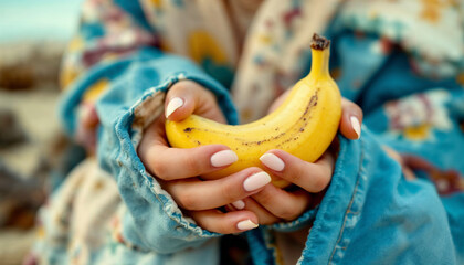 Fototapeta premium Fresh banana on palm hands HD photo. Banana on palm hands in top view photo