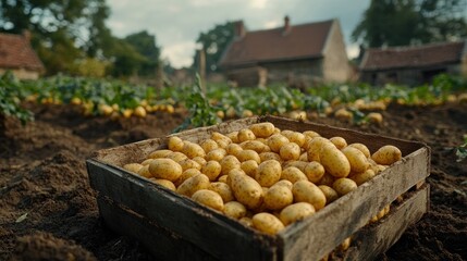 Fresh potatoes harvested in rural field crate