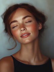 Fototapeta premium Portrait of beautiful young woman with freckles closing her eyes