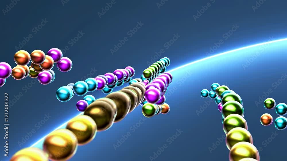 Poster exploring molecular dynamics in a colorful abstract representation of particles in motion in a digit