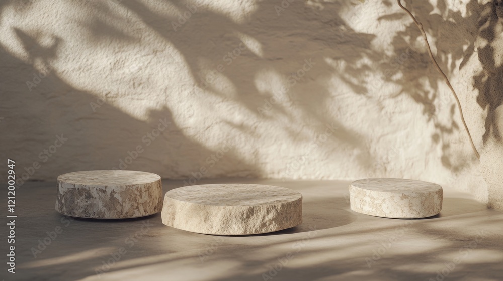 Poster three stone stools placed in front of a wall, perfect for a rustic or vintage setting